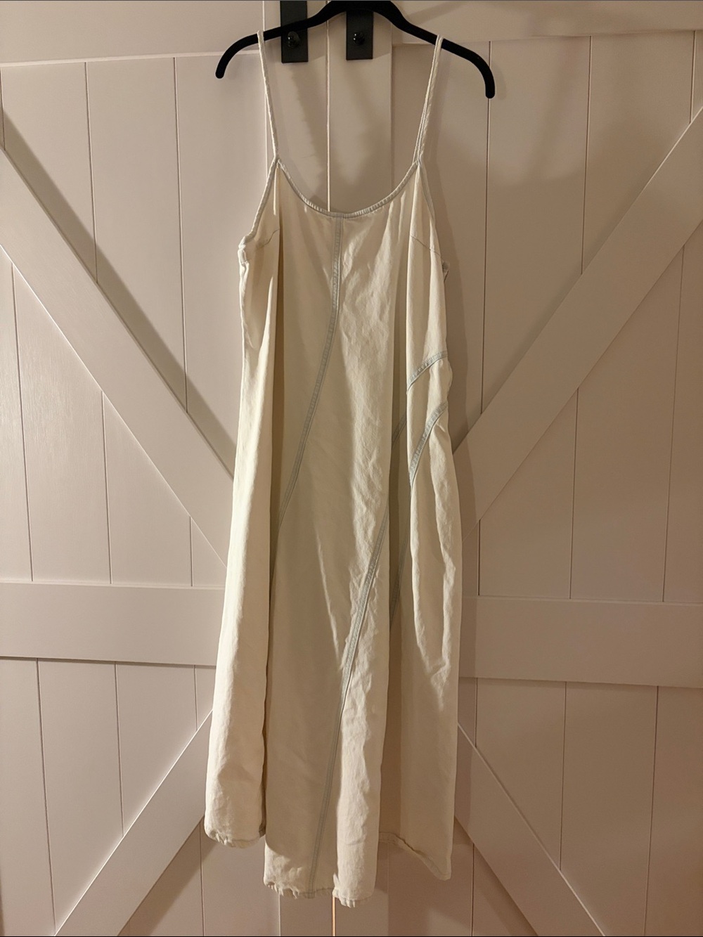 Zara Cream Midi Denim Dress with Spaghetti Straps